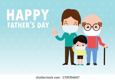 happy father's day greeting card. great dad with his son and and wearing medical masks to prevent disease vector illustration coronavirus (2019-nCoV) COVID-19