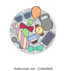 Happy Father's Day. Greeting card with elements in a circle. Template for design. Hand Drawn Vector illustration.