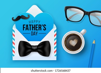 Happy Fathers day greeting card design with envelope, heart shape and eyeglasses. Falt lay style. Vector illustration