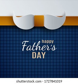 Happy Father's Day greeting card design for holiday event, banner, poster. Checkered blue background, golden mustache shaped bow tie. Congratulation text, paper cut out art style, vector illustration