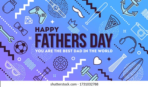 Happy fathers day greeting card. Mans things and objects pattern with fathers day greeting. Vector illustration.