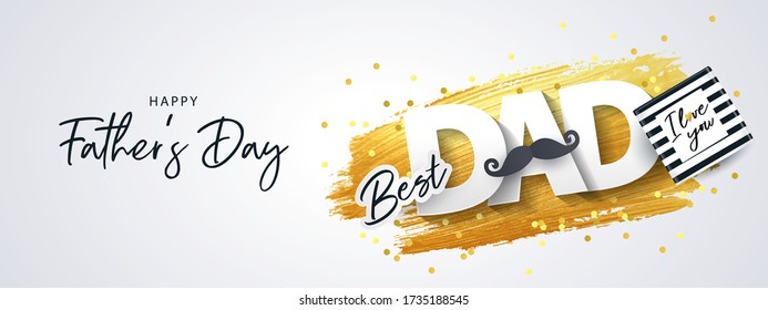 Happy Fathers Day greeting card. Holiday illustration with gift box, sparkling confetti and texture of golden brush strokes on a white background. Father’s day poster design, social and fashion ads