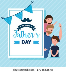 happy fathers day greeting card with dad and children vector illustration design