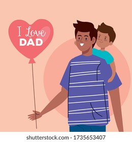 happy fathers day greeting card and dad carrying son vector illustration design