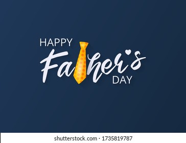 Happy Father's Day greeting card. Vector banner with a orange tie with dots and a heart. Background with calligraphy text for loving father or sale.