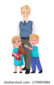 Happy Father's day greeting card. Handsome dad standing with his children. Vector illustration on white background