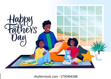 Happy Fathers Day greeting card with hand drawn calligraphy lettering. Vector african american family characters illustration. Dad, son, daughter reading fairytale book. Holiday banner, poster design