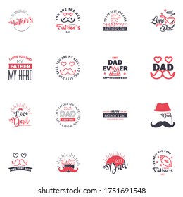 Happy Fathers Day Greeting Card. 16 Black and Pink Happy fathers day card vintage retro type font Editable Vector Design Elements