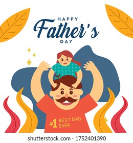 Happy Father's Day greeting card. Vector flat illustration. Calligraphy letter. leaf icon.