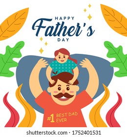 Happy Father's Day greeting card. Vector flat illustration. Calligraphy letter. leaf icon.