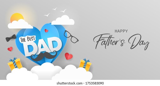 Happy Father's Day greeting card, postcard, banner, poster or flyer design with papercut blue heart, paper gifts, mustache, glasses, bowtie, birds, sun and clouds on a grey and silver background.