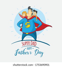 Happy father's day greeting card vector art. Super DAD vector art with father, son and daughter cartoon characters.