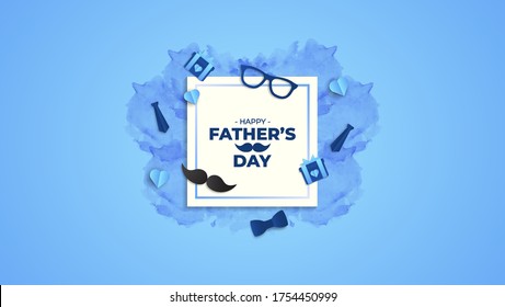 Happy Father's Day greeting card with a white frame and 3d cut icon. Including mustache, neck tie, glasses, gifts, and ties. Vector illustration.