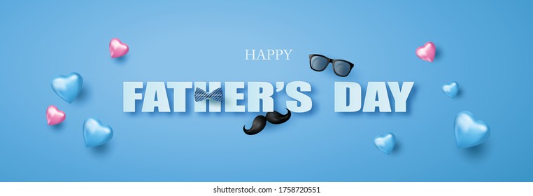 Happy Father's Day greeting card , poster or banner with icon decoration. Includes mustache, neck tie,glasses.