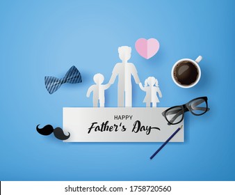 Happy Father's Day greeting card , poster or banner with icon decoration. Includes mustache, neck tie,glasses.paper cut style 