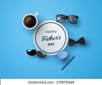 Happy Father's Day greeting card , poster or banner with icon decoration. Includes mustache, neck tie,glasses.paper cut style 