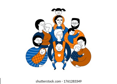 Happy Father's Day greeting card. Crowd of men with children. Doodle vector illustration on a white background. 