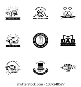 Happy Fathers Day Greeting Card. 9 Black Happy fathers day card vintage retro type font  Editable Vector Design Elements