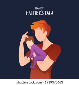 Happy Father's Day Greeting Card. Father holding newborn baby in his arms. Hand drawn lettering. Square vector Illustration for card, postcard, poster, banner.