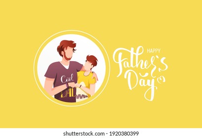 Happy Father's Day Greeting Card design. Father hugging his son. Hand drawn lettering. Vector Illustration for card, postcard, poster, banner.