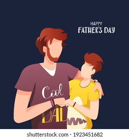 Happy Father's Day Greeting Card design. Father hugging his son. Hand drawn lettering. Square vector Illustration for card, postcard, poster, banner.