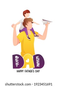 Happy Father's Day Greeting Card design. Dad with little son on his shoulders. Hand drawn lettering. A4 vector Illustration for card, postcard, poster, banner.