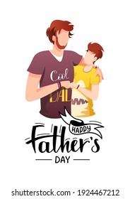 Happy Father's Day Greeting Card design. Father hugging his son. Hand drawn lettering. A4 vector Illustration for card, postcard, poster, banner.