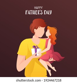 Happy Father's Day Greeting Card design. Father holding his little daughter and gift box. Hand drawn lettering. Square vector Illustration for card, postcard, poster, banner.