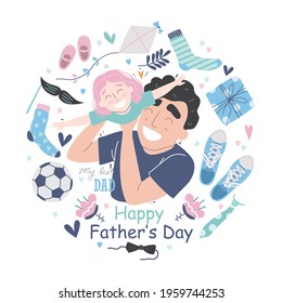 Happy Fathers Day greeting card. Young Father hugging his toddler daughter at home. Father and daughter together. Fathers day vector illustration set in modern style