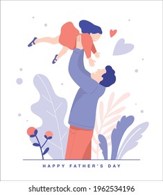 Happy Father's Day greeting card with a father playing with his child. Vector illustration in a flat style.