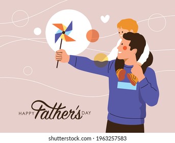 Happy Father's Day greeting card with a daddy playing with his child. Vector illustration in a flat style.