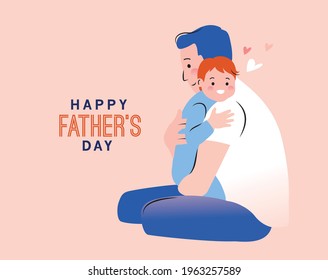 Happy Father's Day greeting card with a daddy carrying his son. Vector illustration in a flat style.