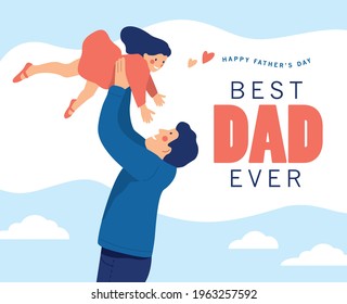 Happy Father's Day greeting card with a father playing with his child. Vector illustration in a flat style.