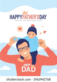 Happy Father's Day greeting card with a kid on his father shoulders. Vector illustration in a flat style.