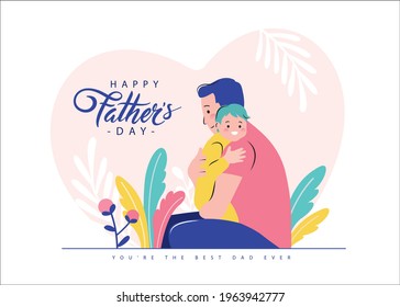 Happy Father's Day greeting card with a daddy carrying his son. Vector illustration in a flat style.