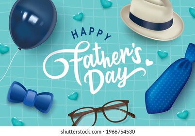 Happy Father's Day greeting card design with tie, glasses, bow, hat and balloon.