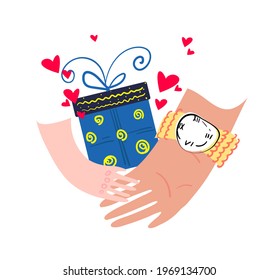 Happy Father's Day greeting card. Father's strong hand with wrist watch holds the hand of a small child on the background of gift box with hearts. Emotion of trust and care. Stock vector illustration