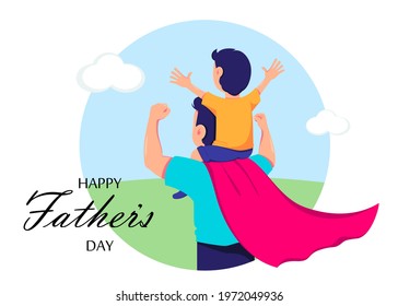 Happy Father's day greeting card. Dad in superhero costume holds son on his shoulders. Cheerful cartoon characters. Vector illustration