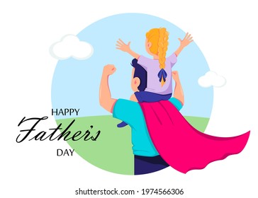 Happy Father's day greeting card. Dad in superhero costume holds daughter on his shoulders. Cheerful cartoon characters. Vector illustration