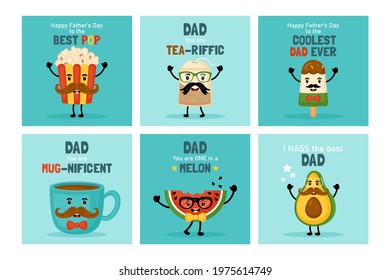 Happy Father's day greeting card set with cute funny food. 