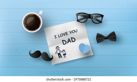 Happy Father's Day greeting card , poster or banner with icon decoration. Includes mustache, neck tie,glasses.paper cut style