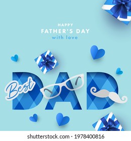 Happy Father's Day greeting card, banner, poster or flyer design with gift boxes, origami hearts, paper mustache and glasses. Paper art, digital craft style. Happy Fathers Day modern design template