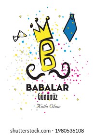 Happy Fathers Day greeting card. Blue background. Turkish 'Babalar Günü Kutlu Olsun'