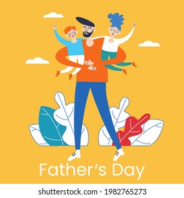 Happy Father's Day greeting card. Hand-drawn funny picture of dad and children.  Flat design Vector illustration.