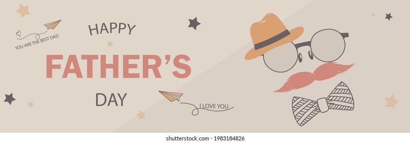 Happy Fathers Day greeting card. Fathers day Banner, flyer, invitation, congratulation, poster design, promotional template. Father's day concept. Design with black mustache, glasses. vector.