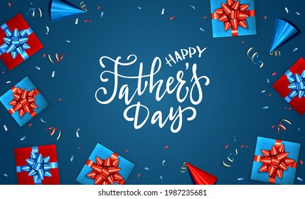 Happy Father's day greeting card with gift boxes and streamers on blue background. The concept of best dad can be used for cards, posters, banners and clothing design, illustration.