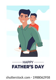 Happy Fathers Day greeting card made as photo with a kid on his father shoulders with cloud background. Vector illustration in a flat style