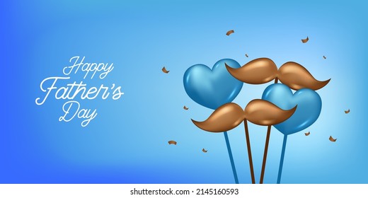 Happy father's day greeting card with 3d balloon hearth shape and golden mustache illustration concept