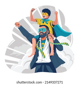 Happy Father's day greeting card. Dad in superhero costume holds son on his shoulders. Cheerful cartoon characters. Vector illustration