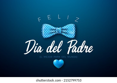 Happy Father's Day Greeting Card Design with Dotted Blue Bow Tie and Heart on Dark Background. Feliz Dia del Padre Spanish Language Vector Illustration for Dad. Template for Banner, Flyer or Poster.
